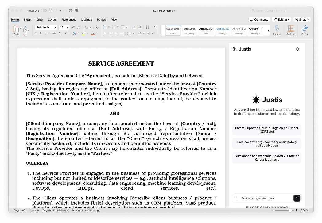 Justis in Word with sidebar